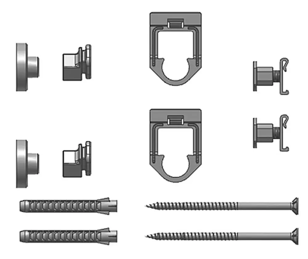 Produktbild des Kermi Fertighausbefestigungs-Sets, bestehend aus Wandhaltern, Rohrschellen, Befestigungsmaterial und Schrauben.